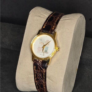 Vintage Precious Moments Women's Collectible Watch Gold Tone Brown Strap